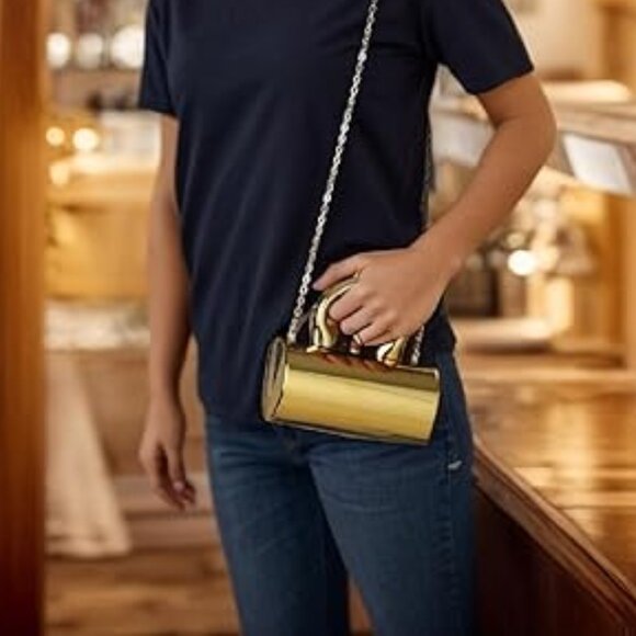 Neiman Marcus Gold Acrylic Cylindrical Clutch Bag with Detachable Chain - Picture 2 of 5